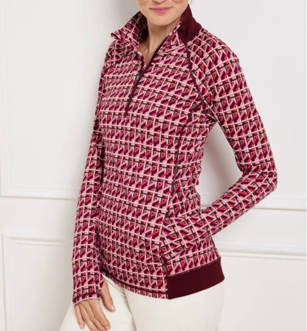Talbots NWT Performance Interlock Half-Zip Pullover Burgundy Berry Mod Print